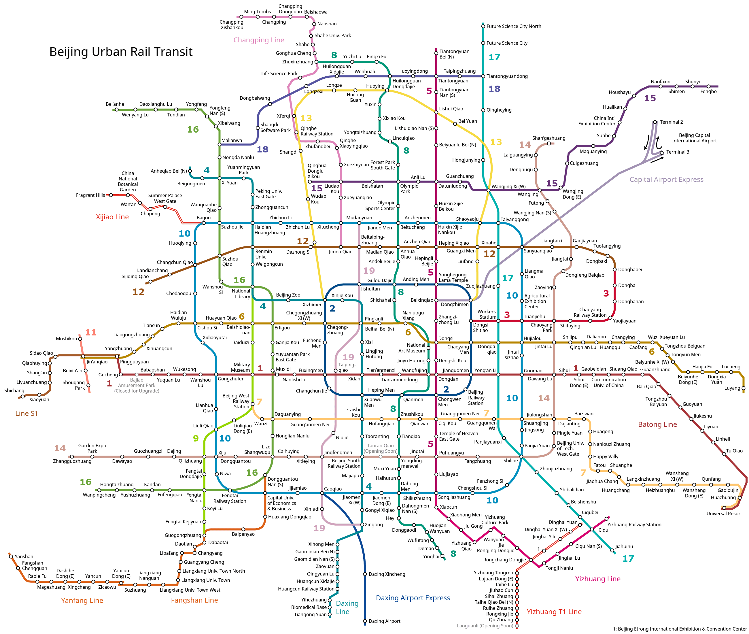 Beijing rail transit network map. 2026-06-29 edition. Community map in English. Grey or closed stations are not available for boarding.