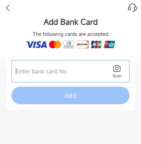 Alipay Add Bank Card: an empty card-number field and supported network logos.