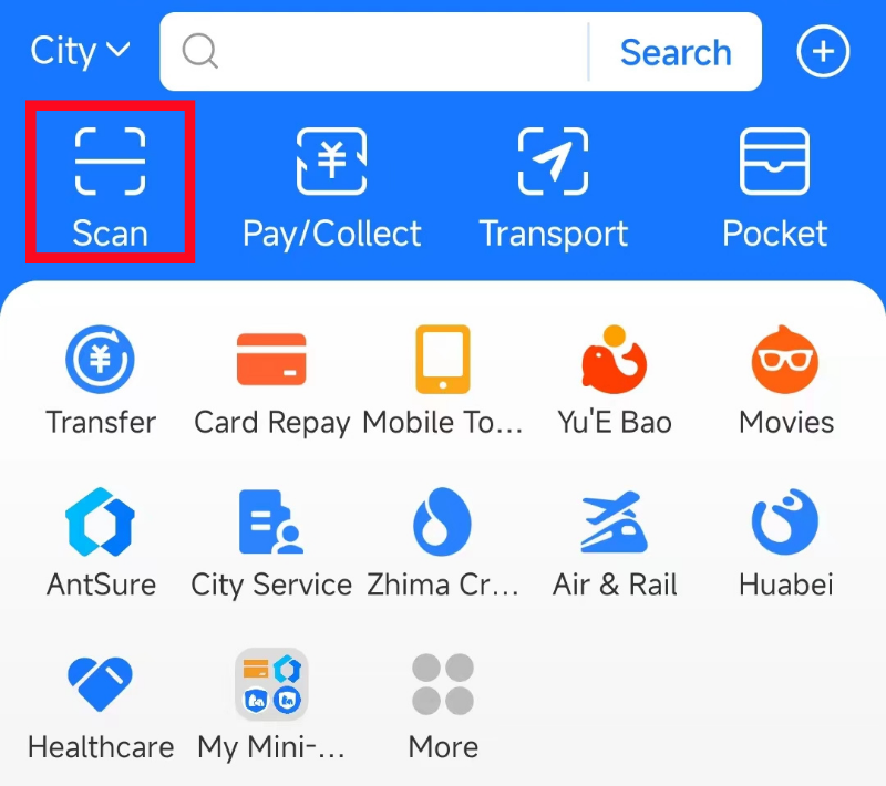 Alipay home screen: Scan and Pay/Collect are different actions.