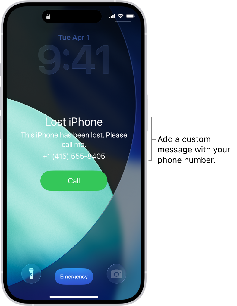 Apple Lost Mode example: a contact message on the lock screen. The number shown is sample data.