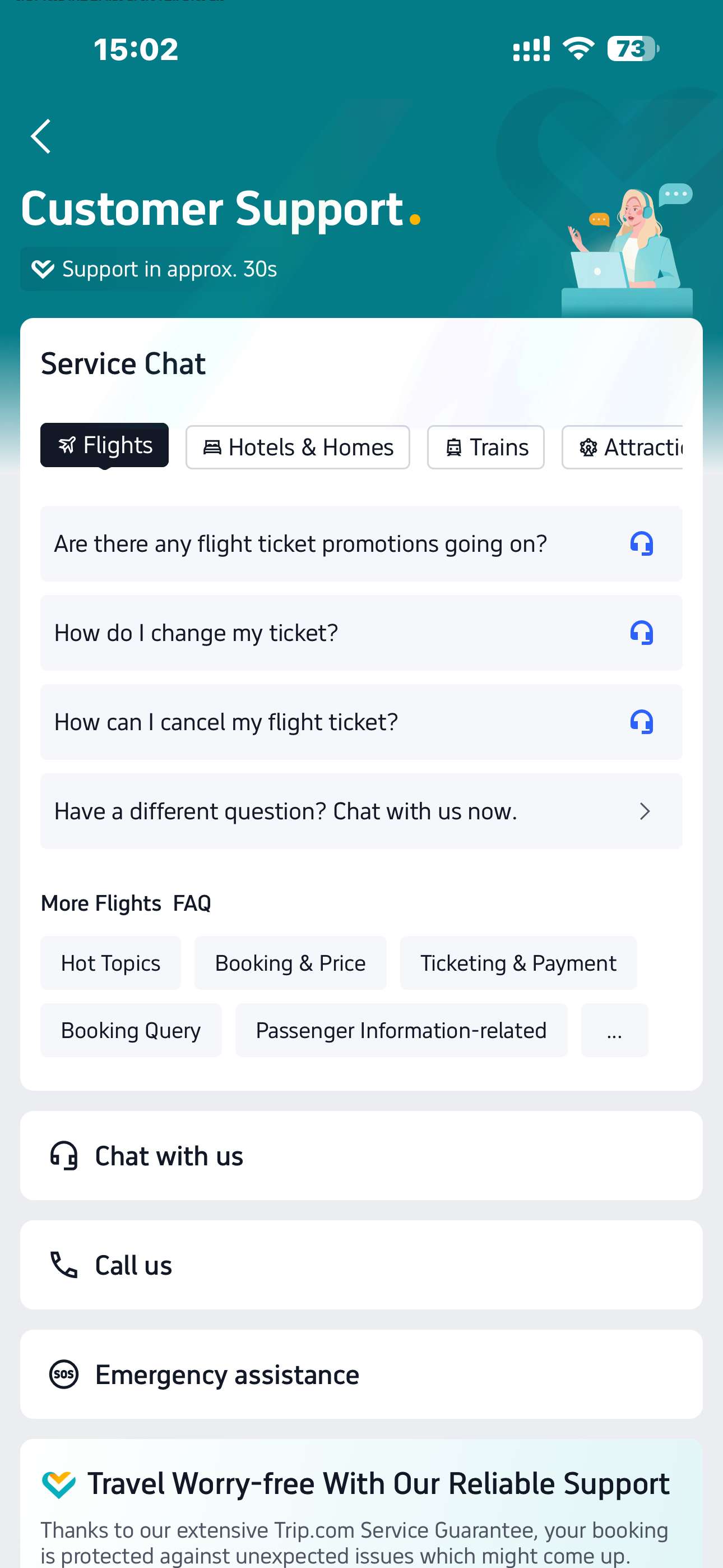 Trip.com support: choose Hotels & Homes for a hotel booking, then use Chat with us.