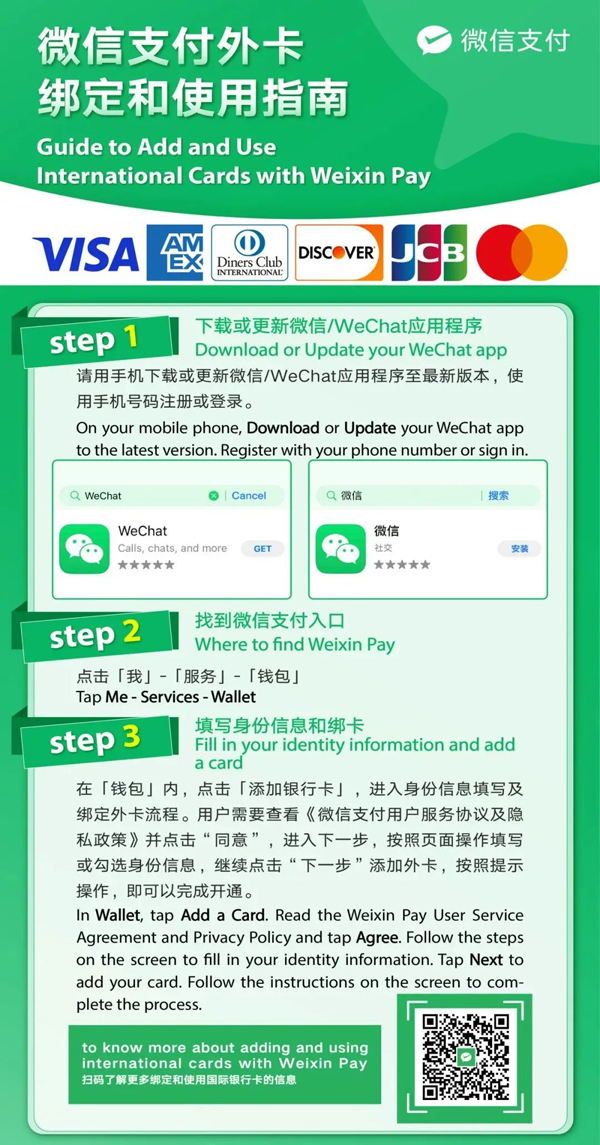 Weixin Pay guide: Me → Services → Wallet, then add a card.