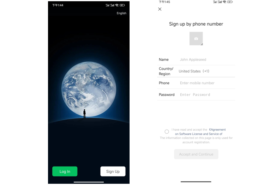 WeChat sign-up screen with country/region and phone-number fields.